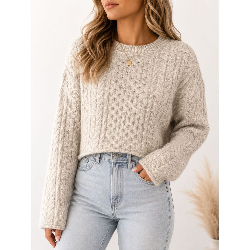 By Together Cream Cable Knit Cropped Sweater Women's Medium Cozy